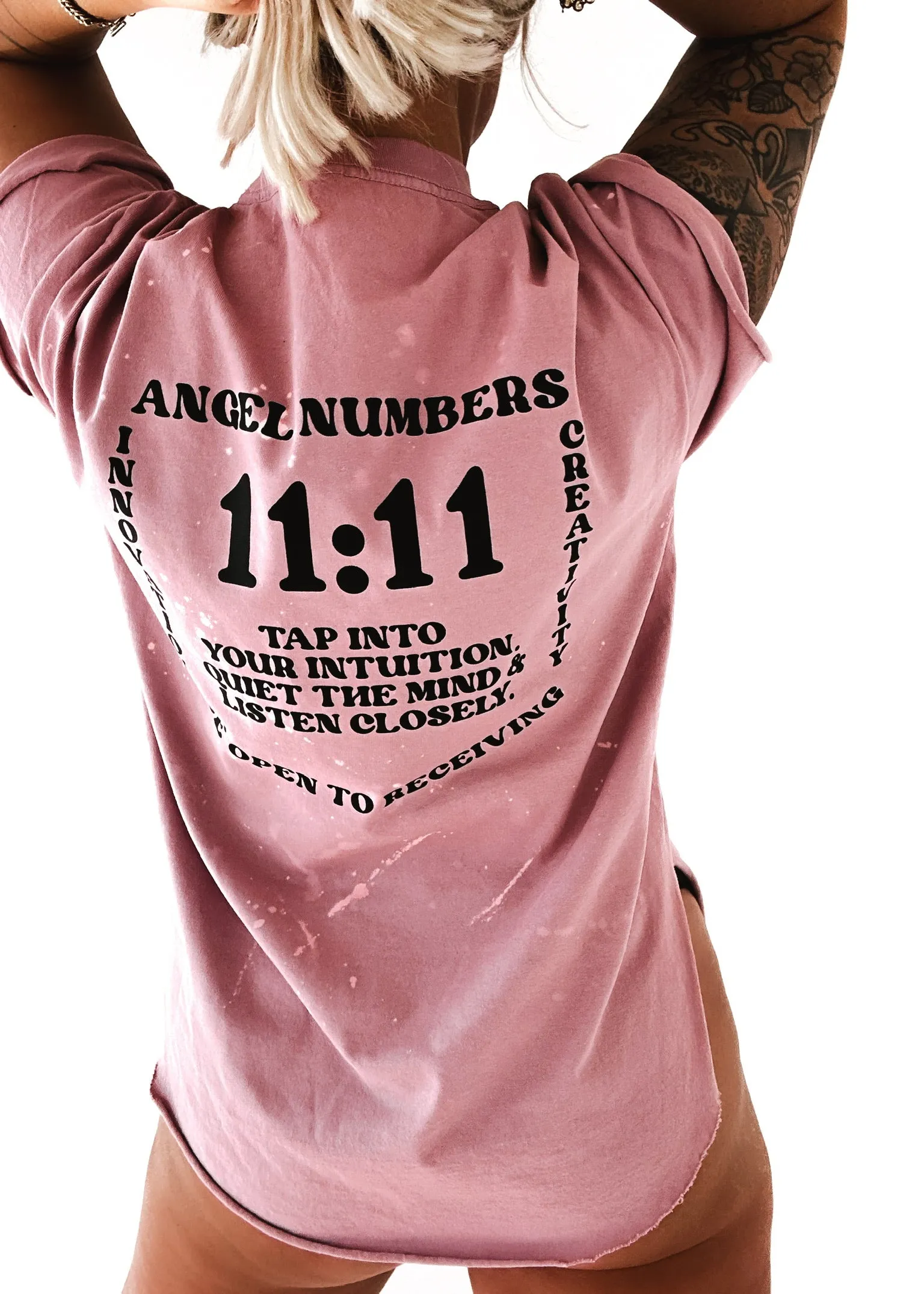11:11 ANGEL NUMBERS BLEACHED OUT SIDE SLIT TEE
