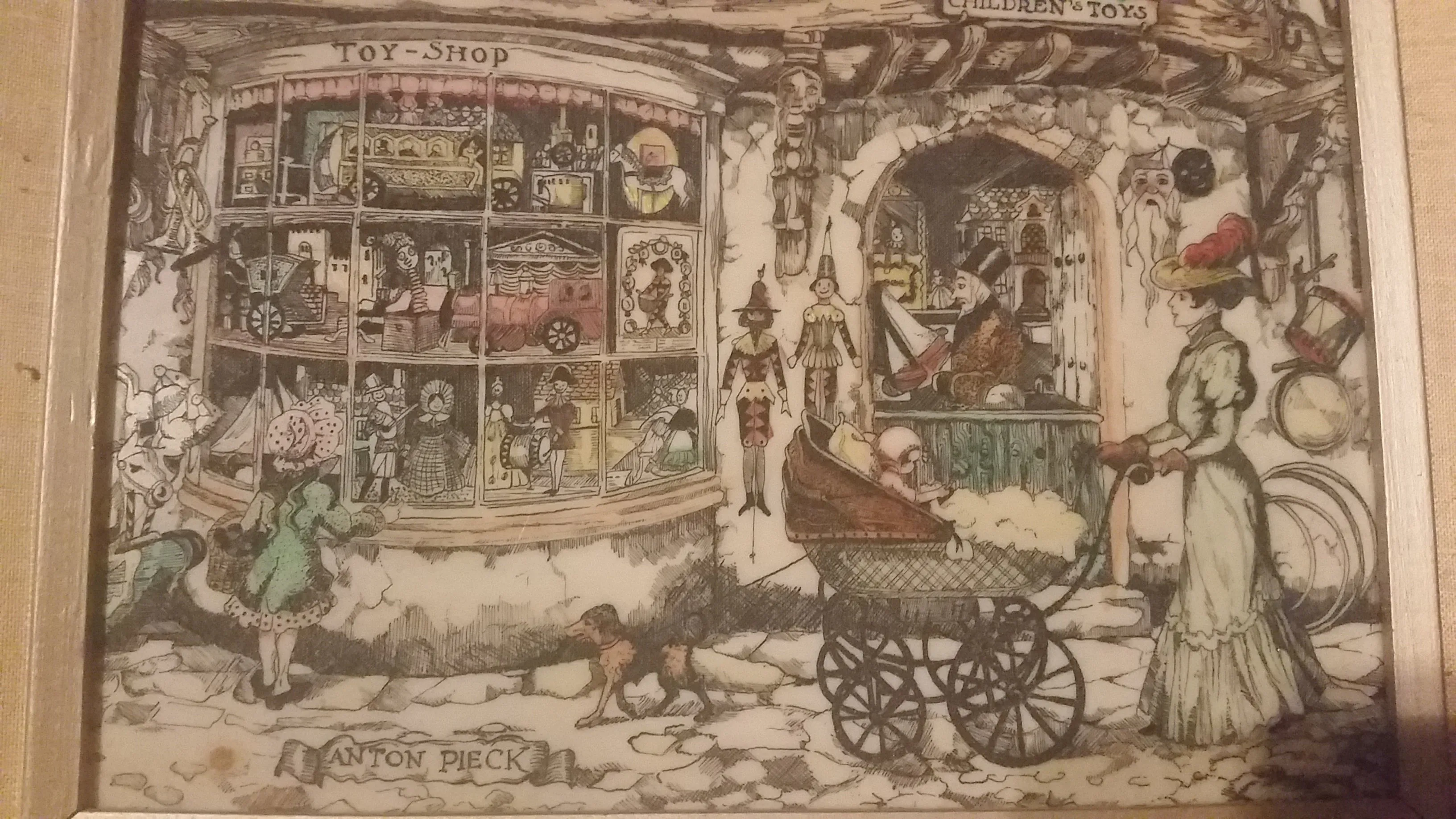 16X18" ANTON PIECK Etched Art Print Dutch TOY SHOP Fairytale Scene Punch & Judy FRAMED