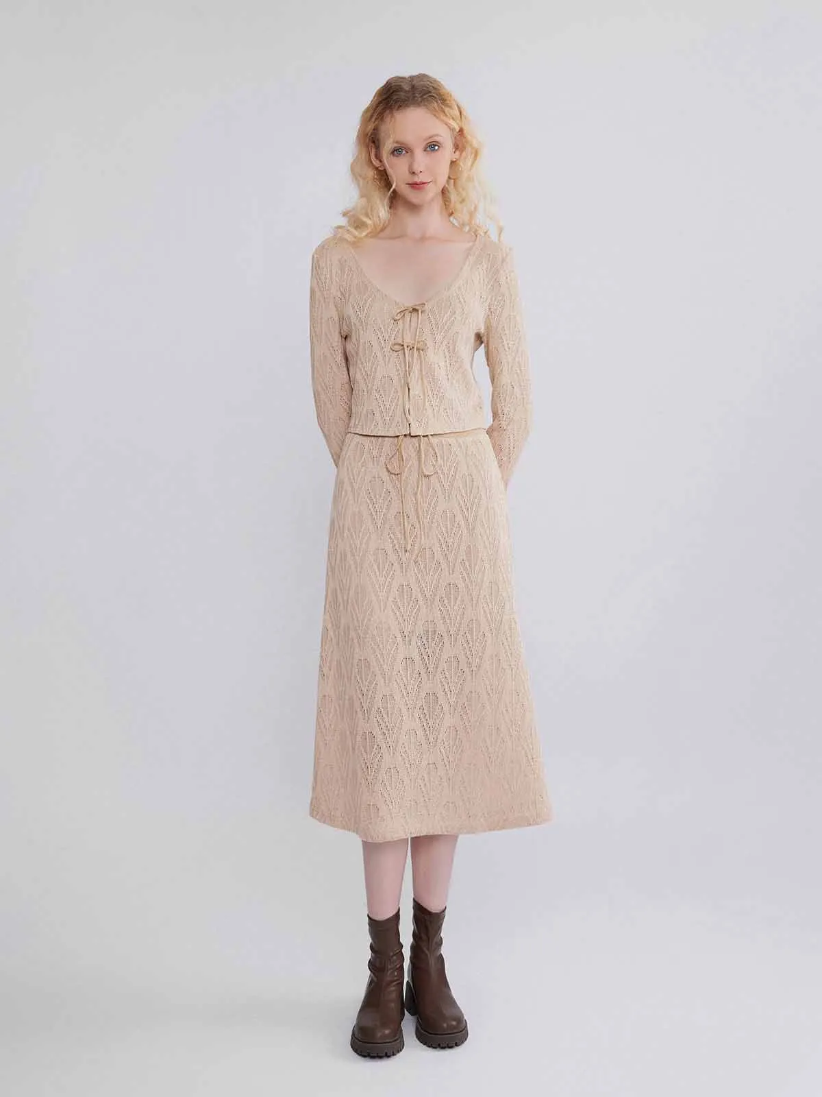 ASOBIO Hollow A-Line Knit Midi Skirt