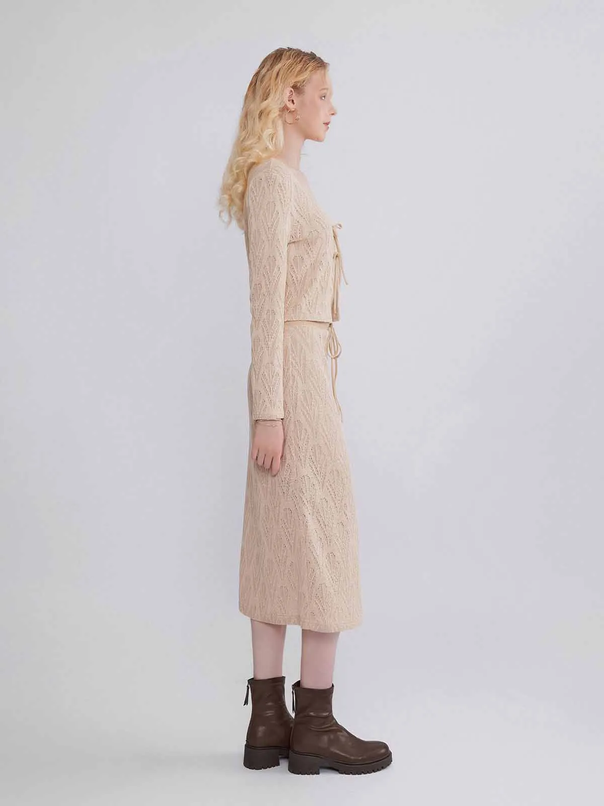 ASOBIO Hollow A-Line Knit Midi Skirt