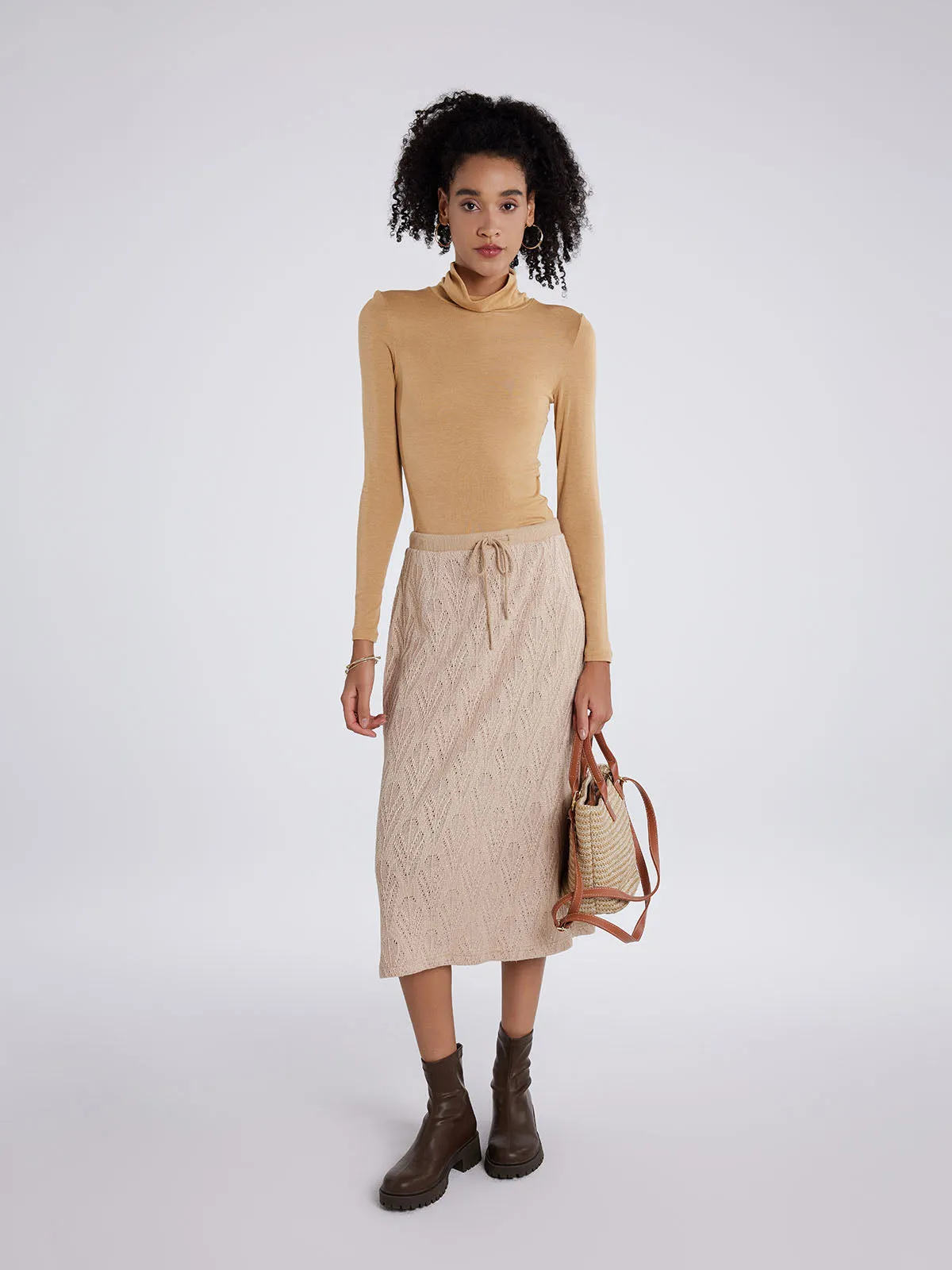 ASOBIO Hollow A-Line Knit Midi Skirt