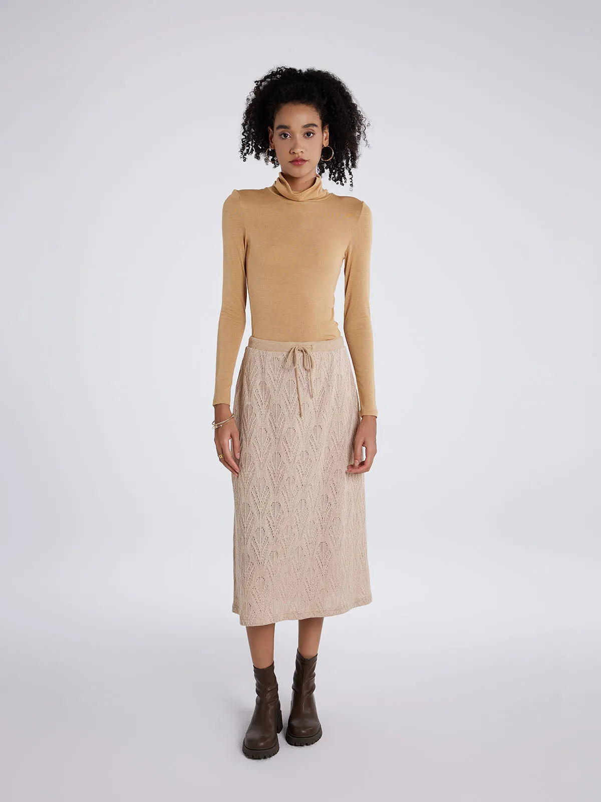 ASOBIO Hollow A-Line Knit Midi Skirt