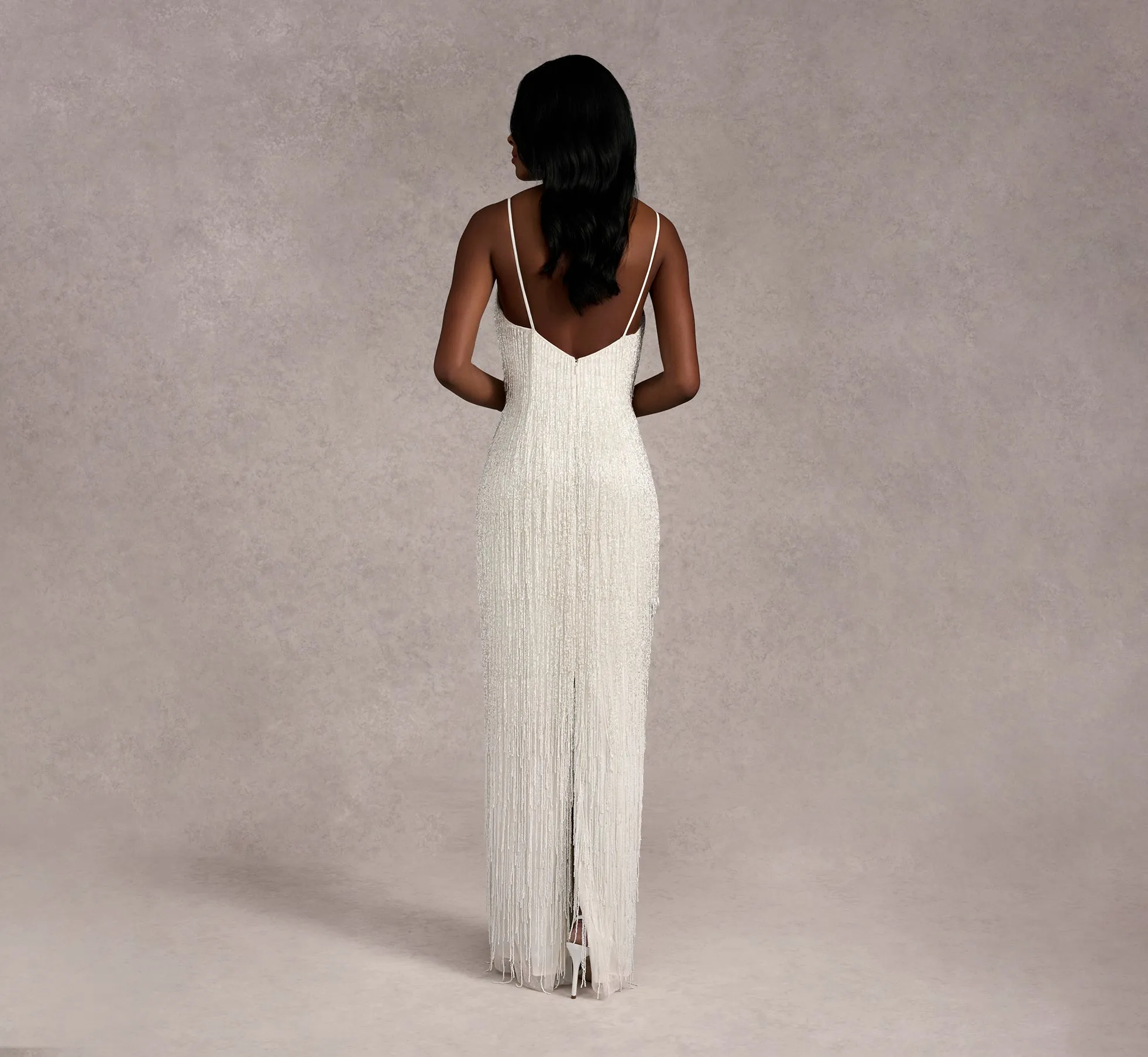 Beaded Fringe Column Dress In Ivory/Ivory In Ivory Ivory