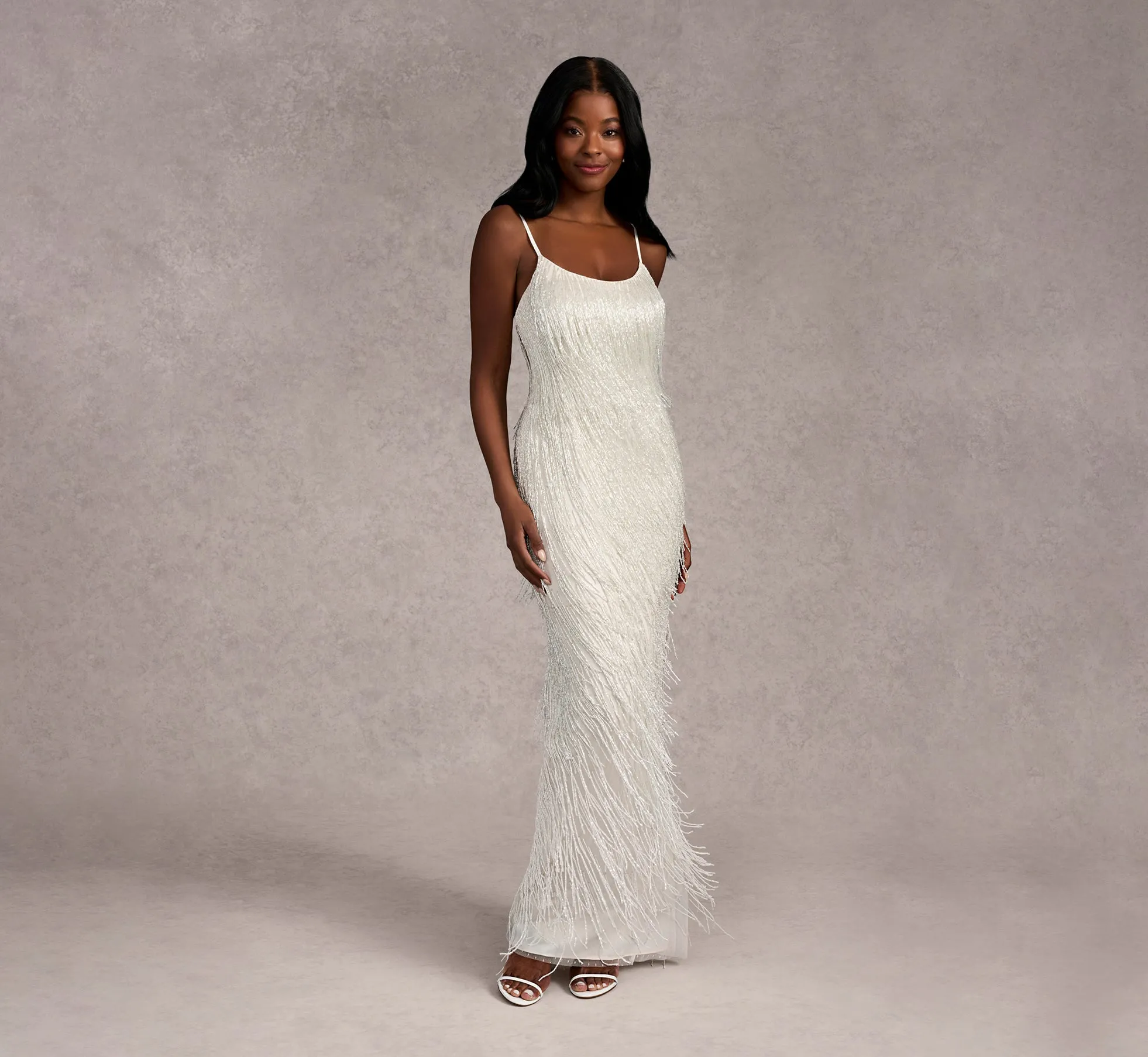 Beaded Fringe Column Dress In Ivory/Ivory In Ivory Ivory