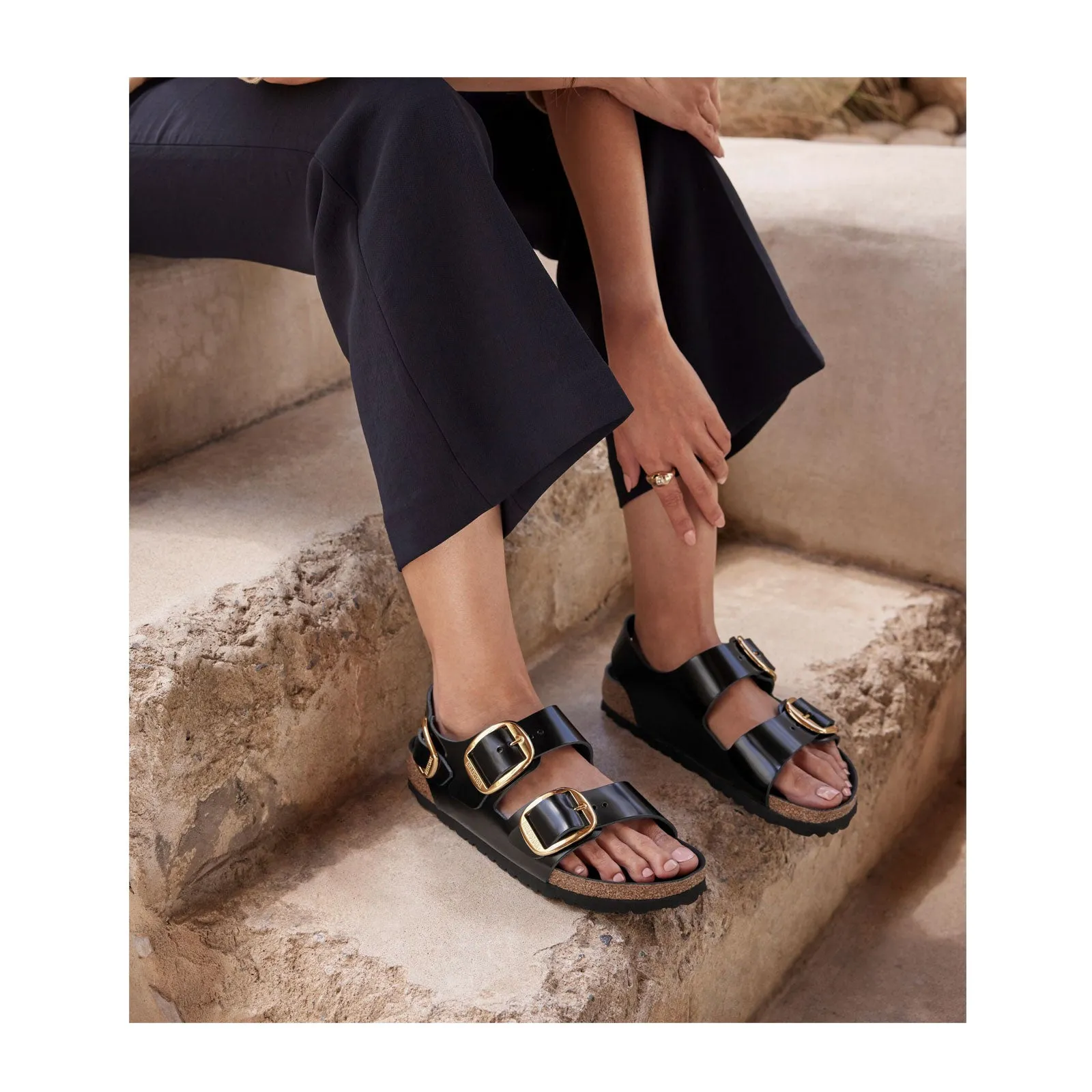 Birkenstock Milano Big Buckle Narrow Backstrap Sandal (Women) - High Shine Black Leather