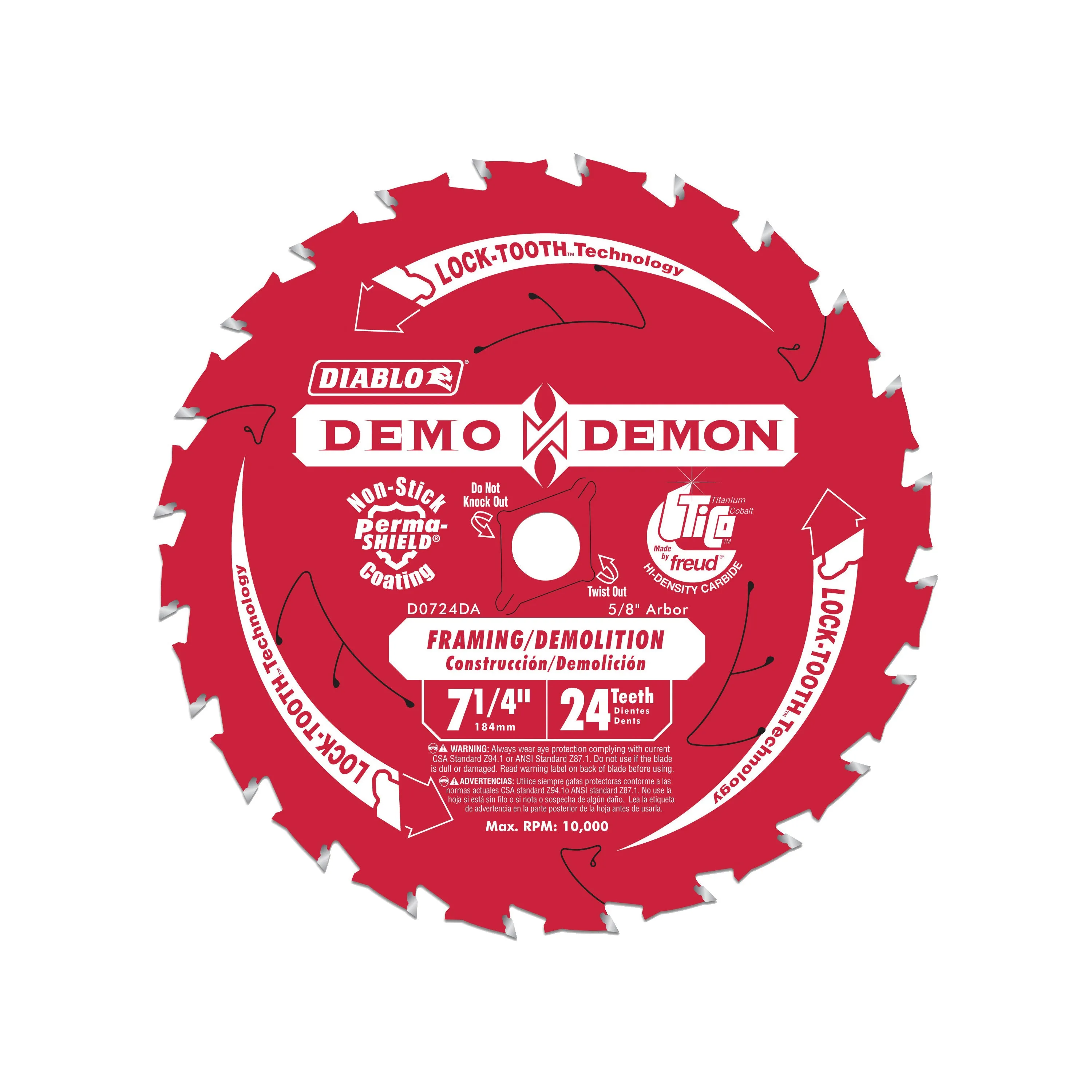 Diablo D0724DA Circular Saw Blade, 7-1/4 in Dia, 5/8 in Arbor, 24-Teeth, Carbide Cutting Edge