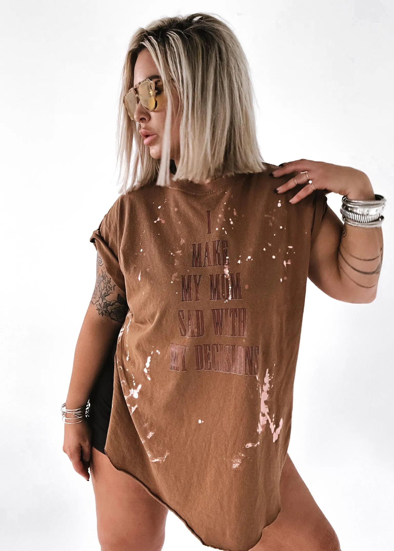 FINAL SALE: I MAKE MY MOM SAD WITH MY DECISIONS BLEACHED OUT SIDE SLIT TEE