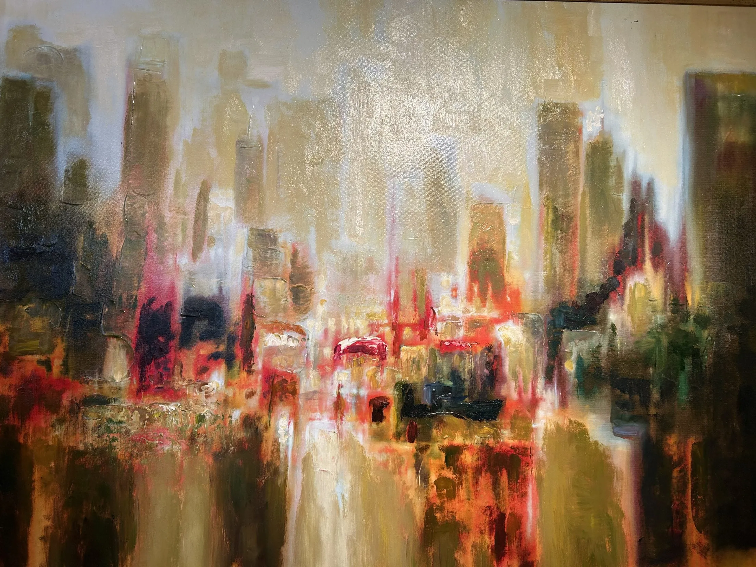 Framed Wall Art, Abstract City Scene, Acrylic on Canvas