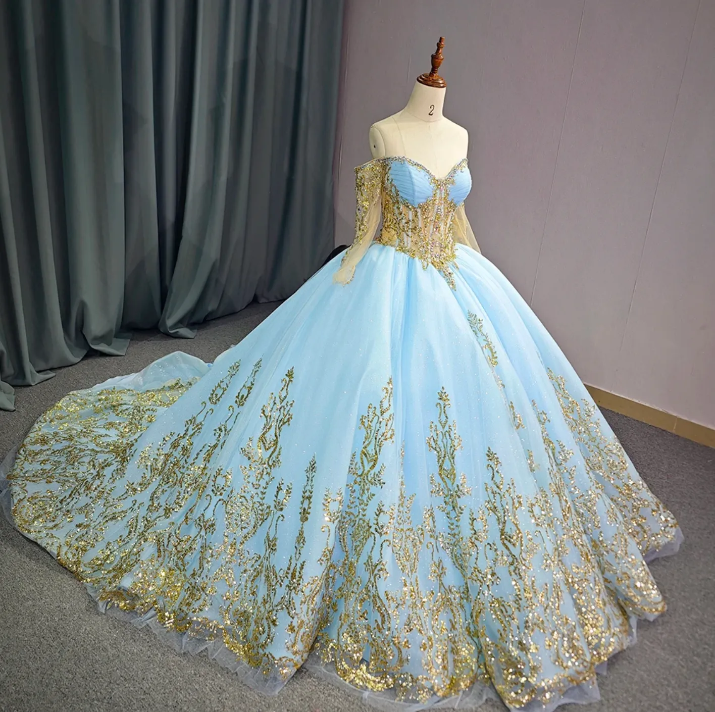 Luxury Blue Shiny Ball Gown Quinceanera Dress Beading Organza