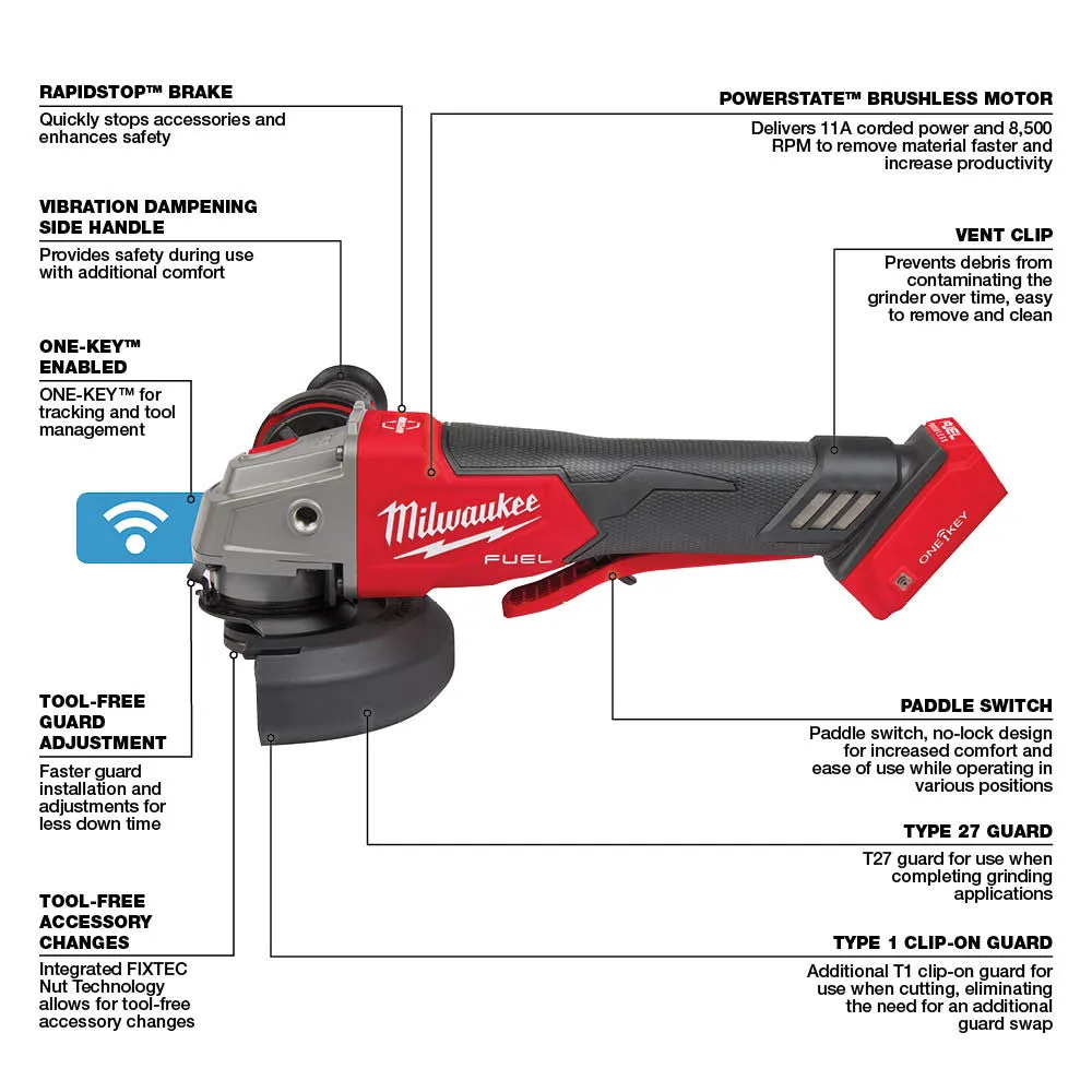 Milwaukee 2882-20 M18 FUEL™ 4-1/2" / 5" Braking Grinder w/ ONE-KEY™  Paddle Switch, No-Lock