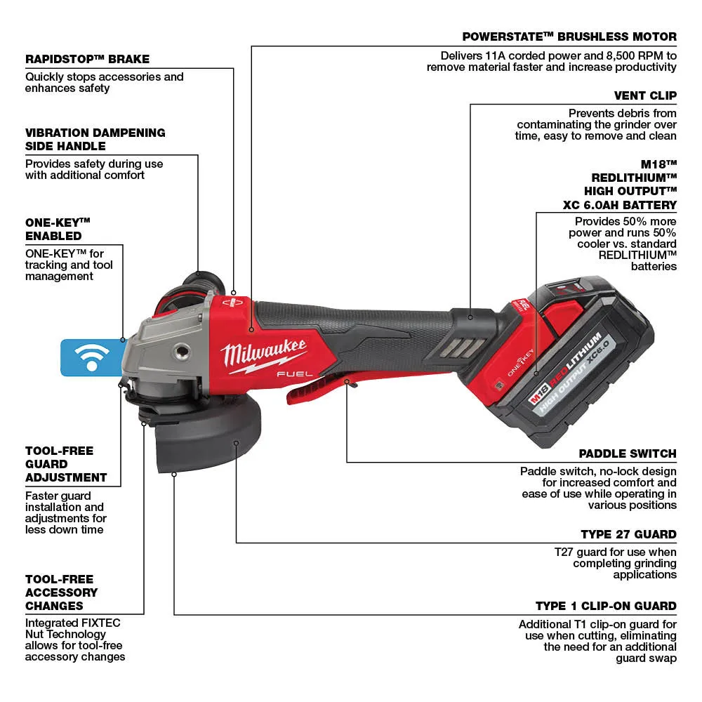 Milwaukee 2882-22 M18 FUEL™ 4-1/2" / 5" Braking Grinder w/ ONE-KEY™  Paddle Switch, No-Lock Kit