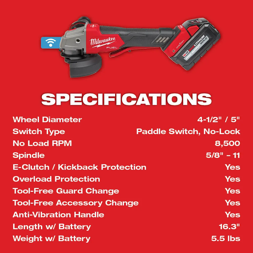 Milwaukee 2882-22 M18 FUEL™ 4-1/2" / 5" Braking Grinder w/ ONE-KEY™  Paddle Switch, No-Lock Kit