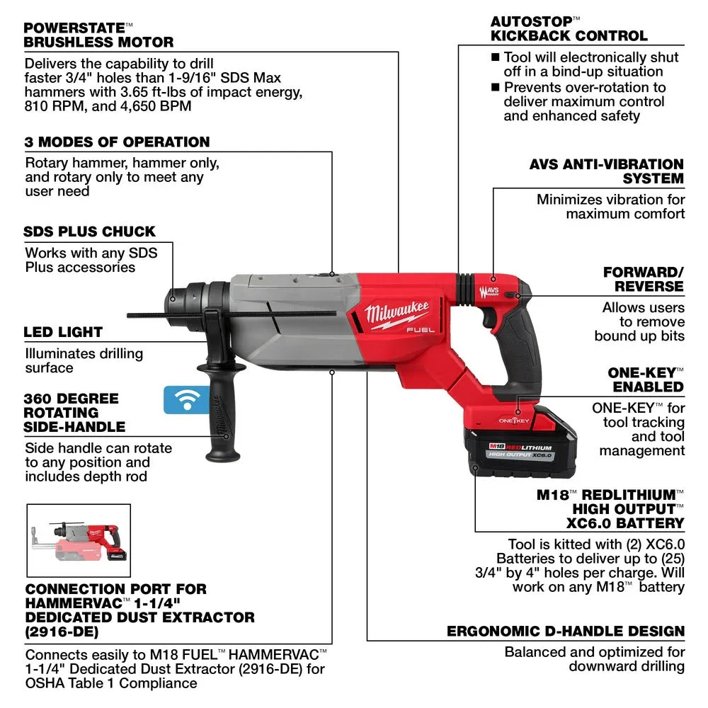 Milwaukee 2916-22 M18 FUEL 1-1/4" SDS Plus D-Handle Rotary Hammer Kit w/ ONE-KEY