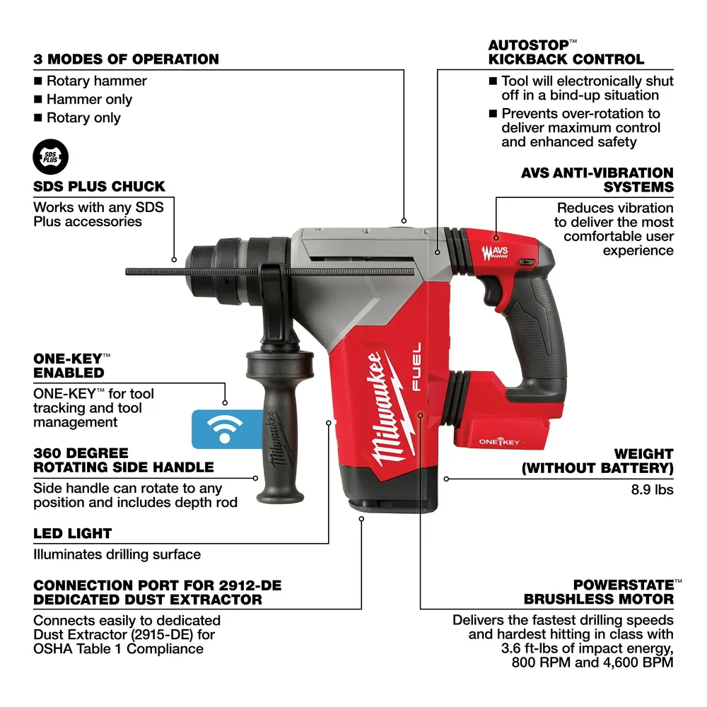 Milwaukee M18 Fuel 1-1/8" Sds Plus Rotary Hammer with One-Key