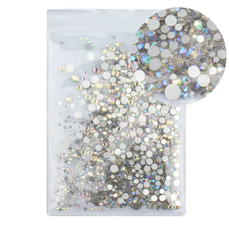 Mix Sizes 1000PCS/Pack Crystal Clear AB Non Hotfix Flatback Rhinestones Nail Rhinestones For Nails 3D Nail Art Decoration Gems