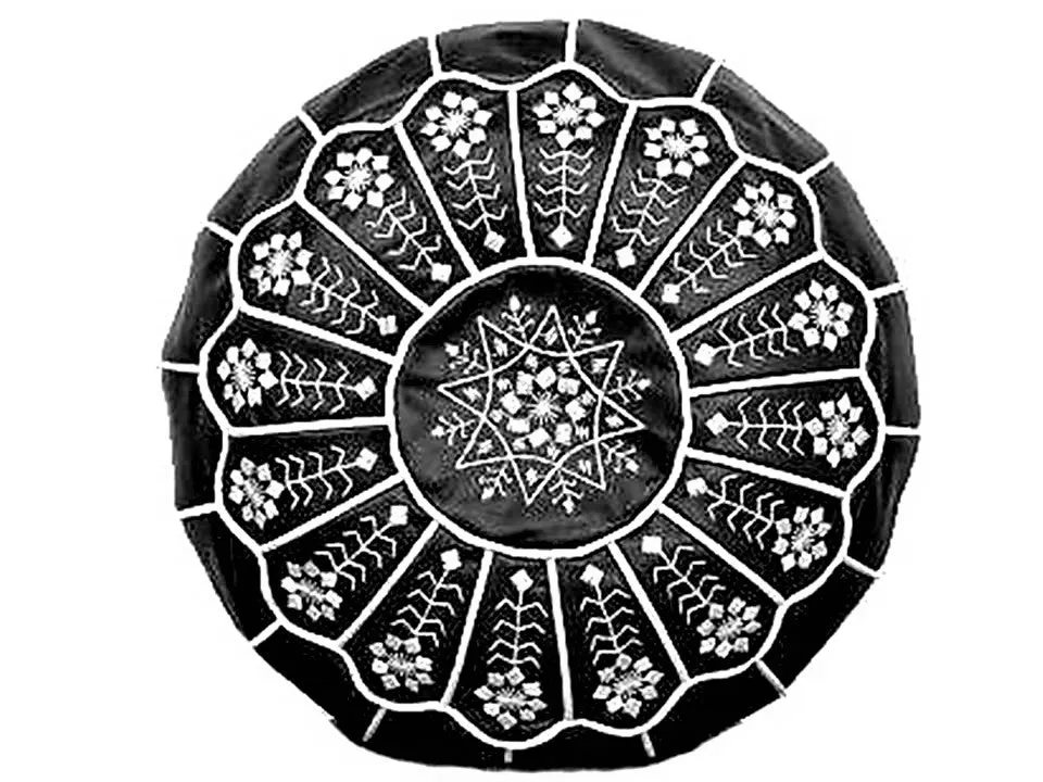 Moroccan Leather Ottoman - Black - Flowers