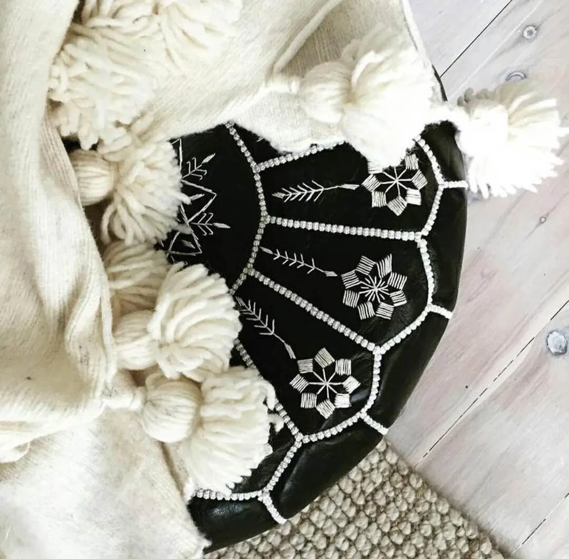 Moroccan Leather Ottoman - Black - Flowers