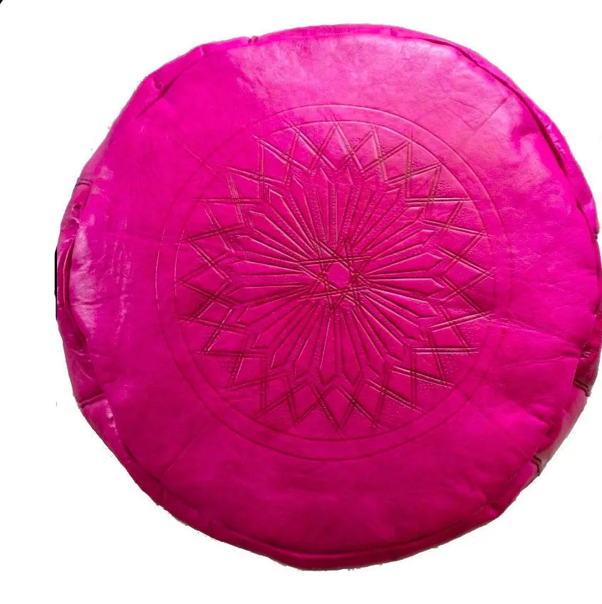 Moroccan Leather Ottoman - Fuchsia Tabouret Pouf