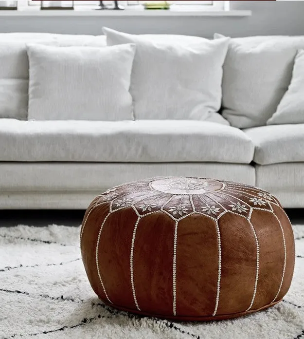 Moroccan Leather Ottoman - Tan - Flowers