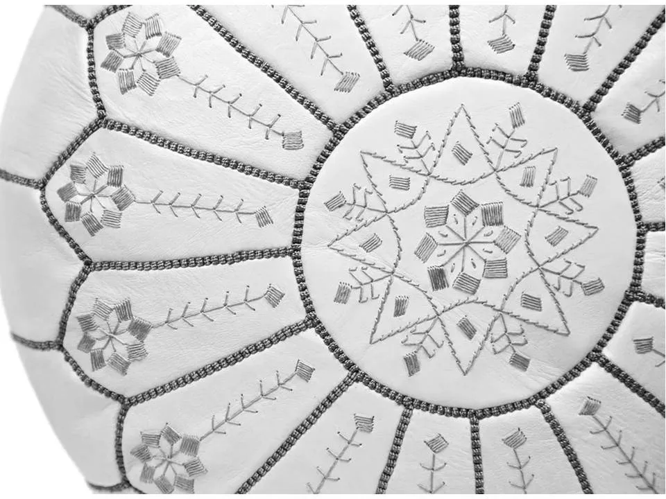 Moroccan Leather Ottoman - White & Grey - Flowers
