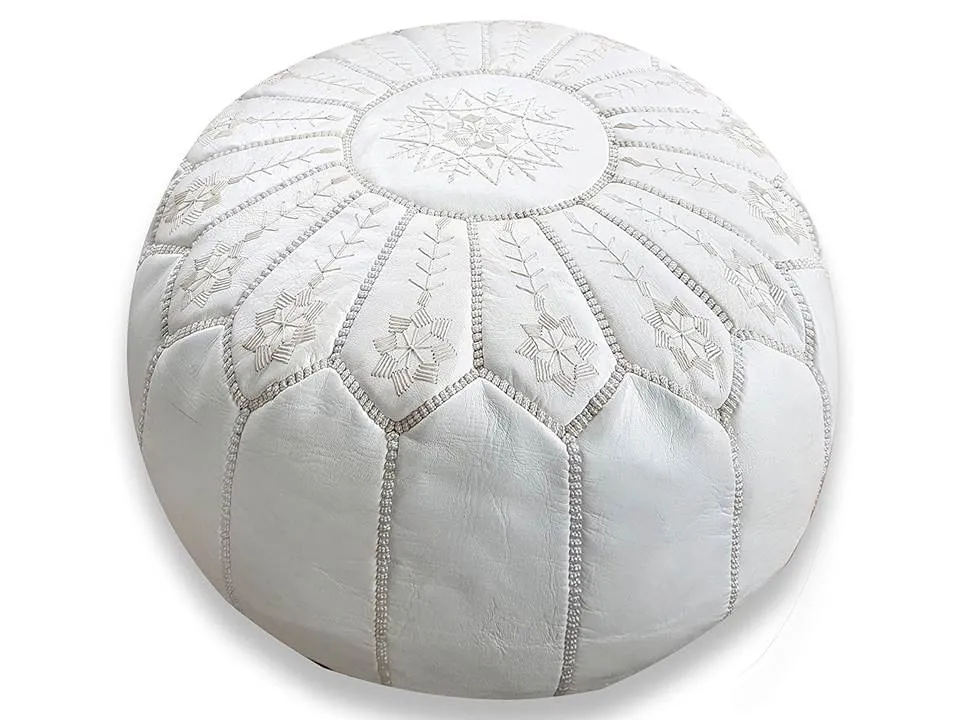 Moroccan Leather Ottoman - White - Flowers