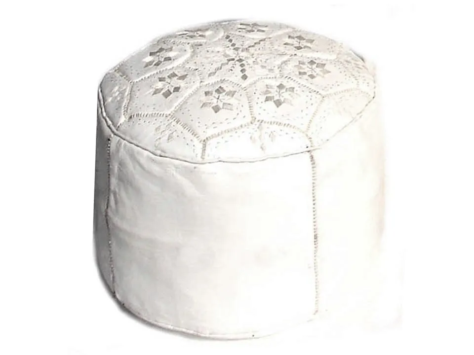Moroccan Leather Tile Ottoman - White