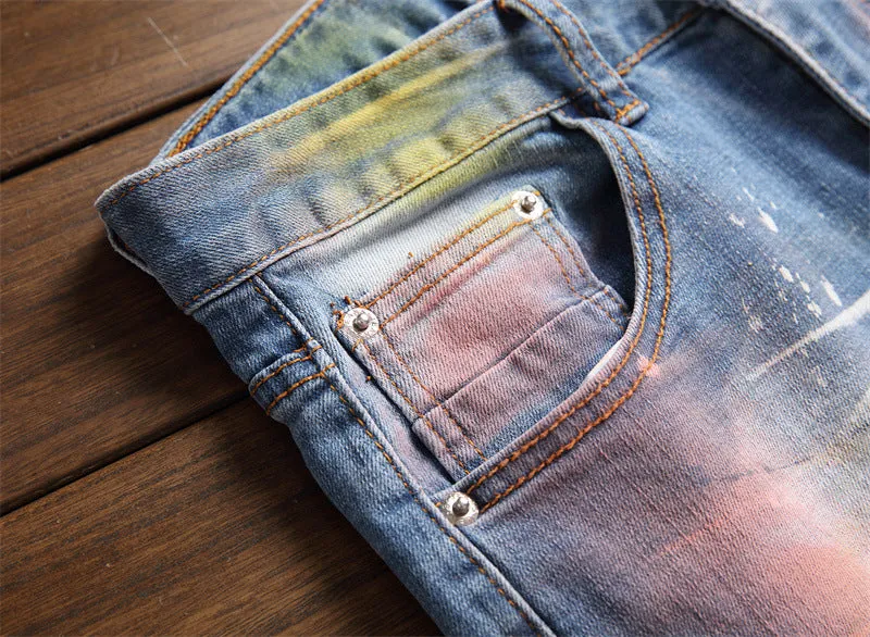 Patchwork Colored Painted Denim Jeans Stretch Ripped Pants