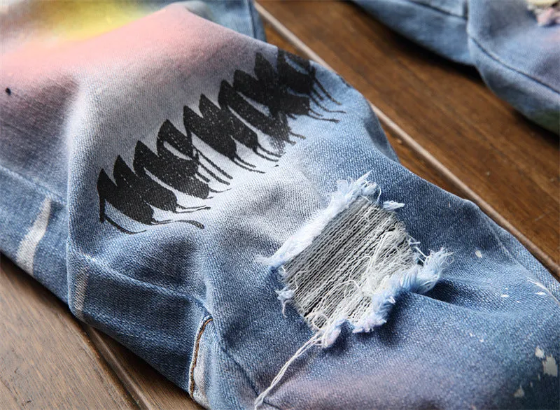 Patchwork Colored Painted Denim Jeans Stretch Ripped Pants