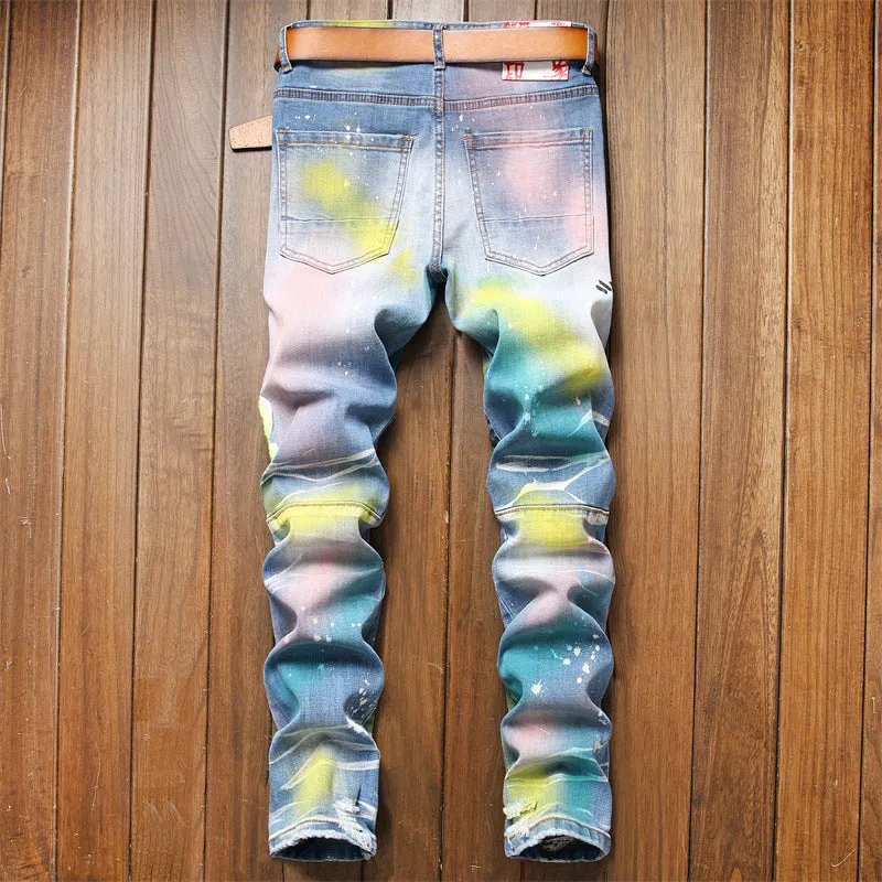 Patchwork Colored Painted Denim Jeans Stretch Ripped Pants