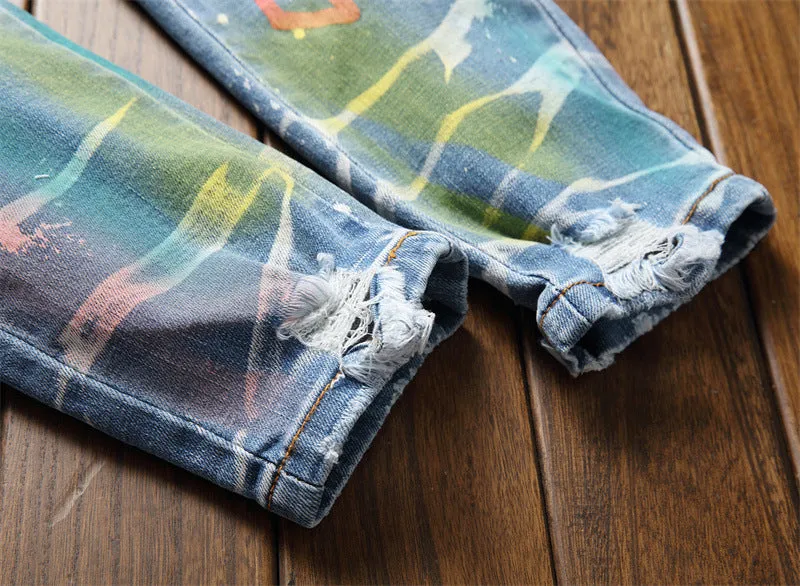 Patchwork Colored Painted Denim Jeans Stretch Ripped Pants