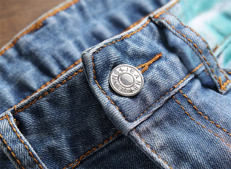 Patchwork Colored Painted Denim Jeans Stretch Ripped Pants