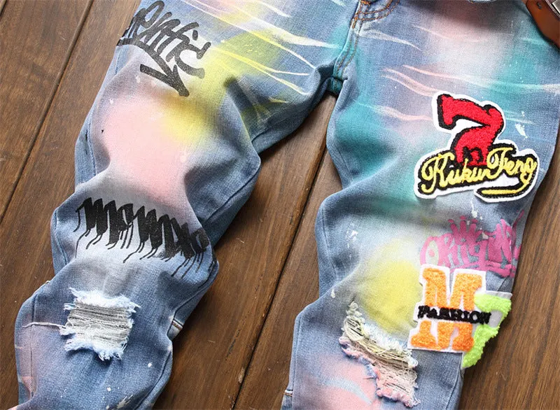 Patchwork Colored Painted Denim Jeans Stretch Ripped Pants