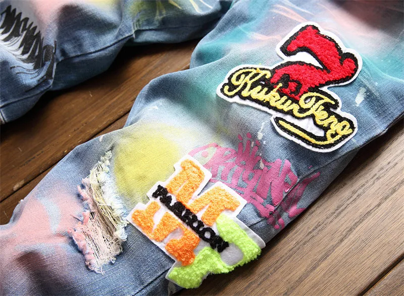 Patchwork Colored Painted Denim Jeans Stretch Ripped Pants