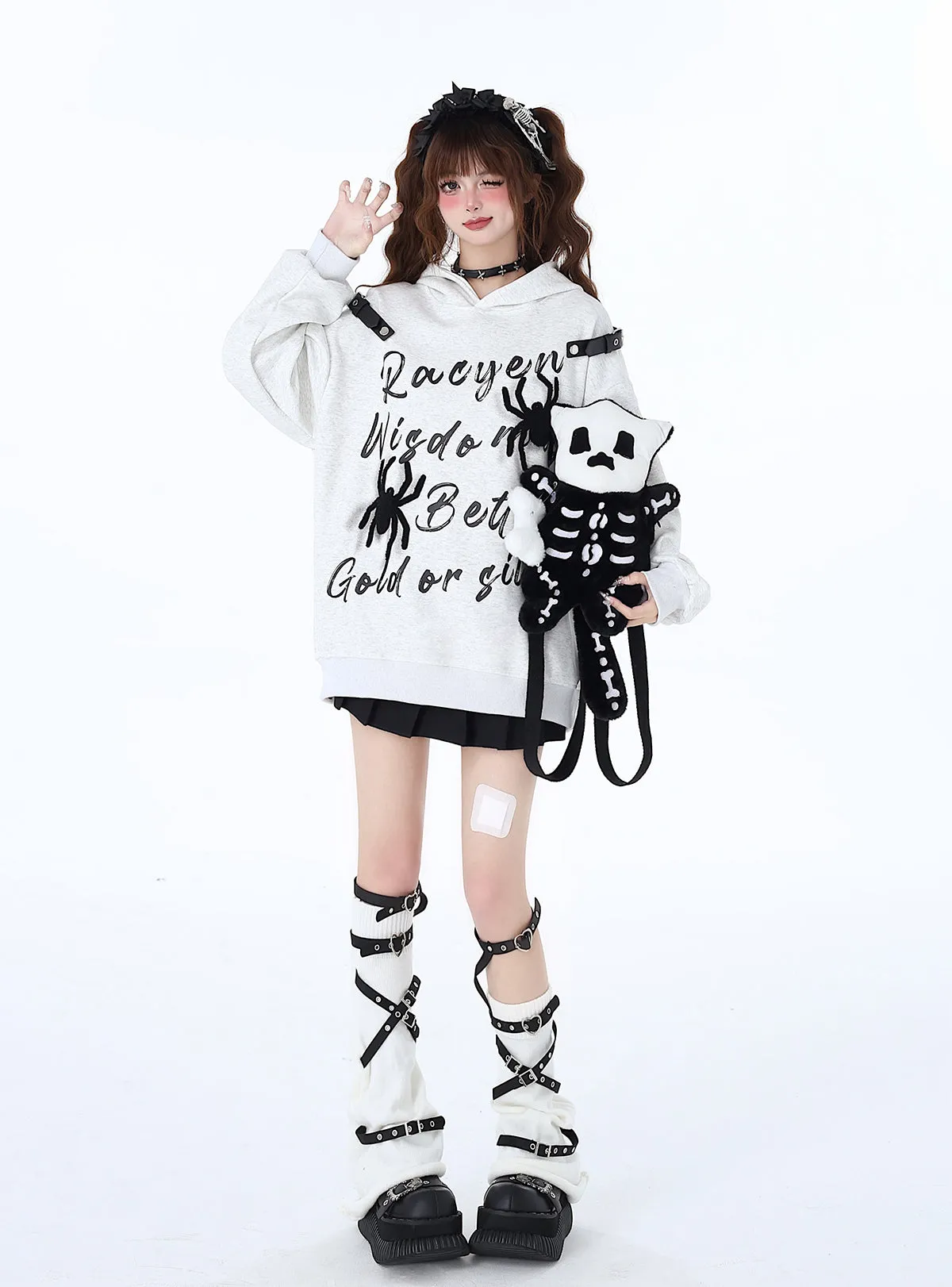 Print Street Hoodie Leather Buckle Hooded American Graffiti Spider