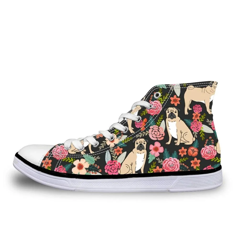 Pug Floral Print Women Vulcanized Sneakers Flat Ladies Lace-up