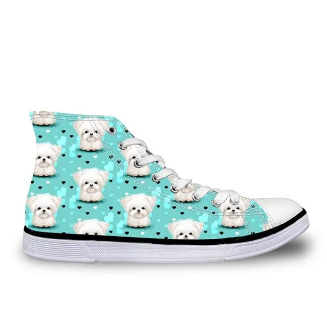 Pug Floral Print Women Vulcanized Sneakers Flat Ladies Lace-up