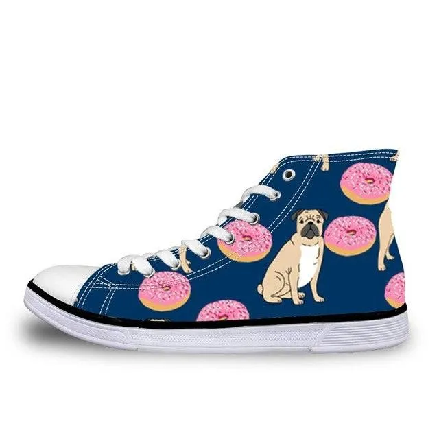 Pug Floral Print Women Vulcanized Sneakers Flat Ladies Lace-up