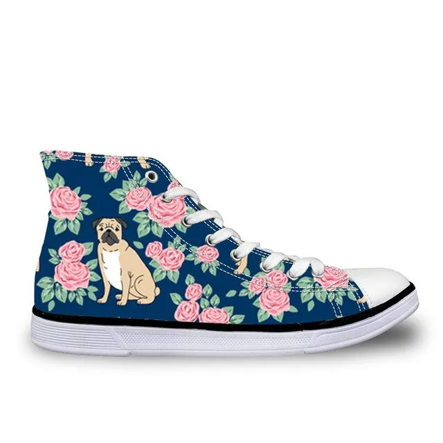 Pug Floral Print Women Vulcanized Sneakers Flat Ladies Lace-up