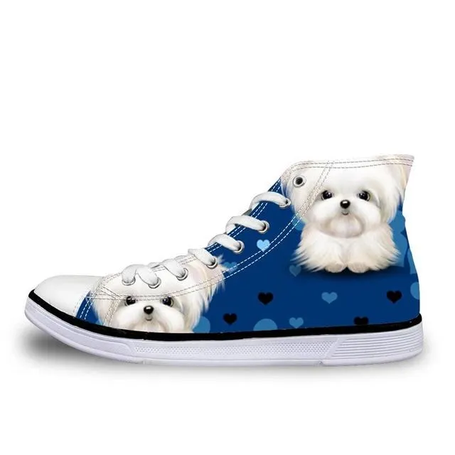 Pug Floral Print Women Vulcanized Sneakers Flat Ladies Lace-up