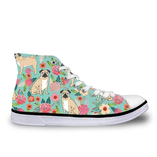 Pug Floral Print Women Vulcanized Sneakers Flat Ladies Lace-up