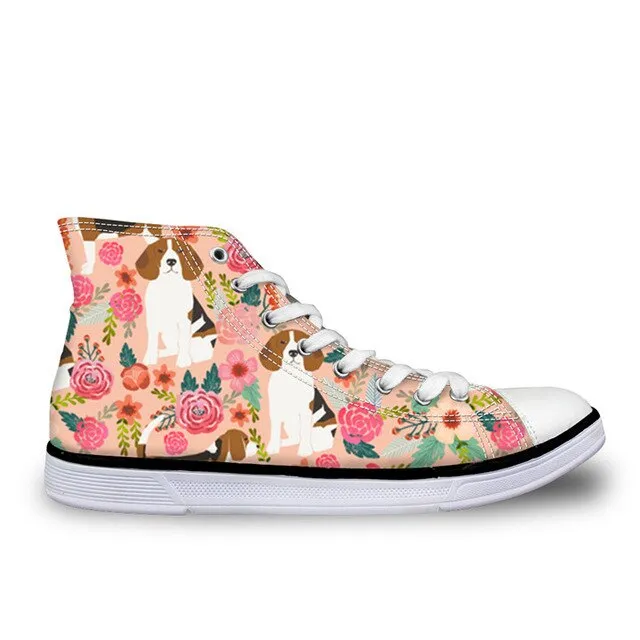 Pug Floral Print Women Vulcanized Sneakers Flat Ladies Lace-up