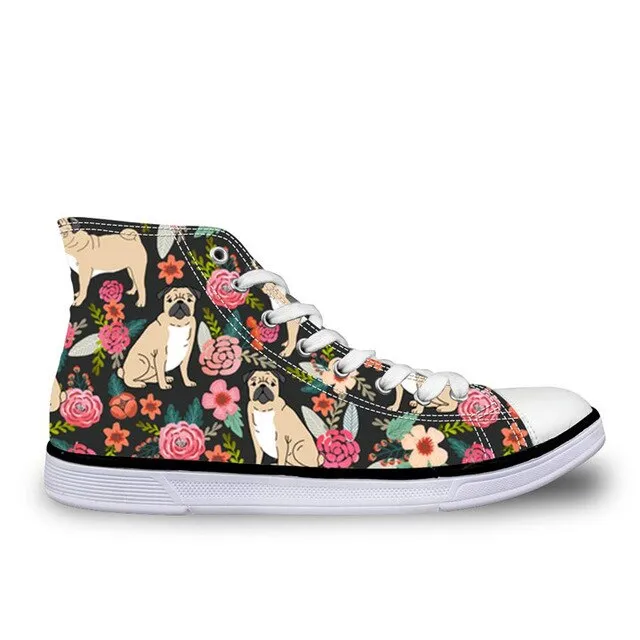 Pug Floral Print Women Vulcanized Sneakers Flat Ladies Lace-up