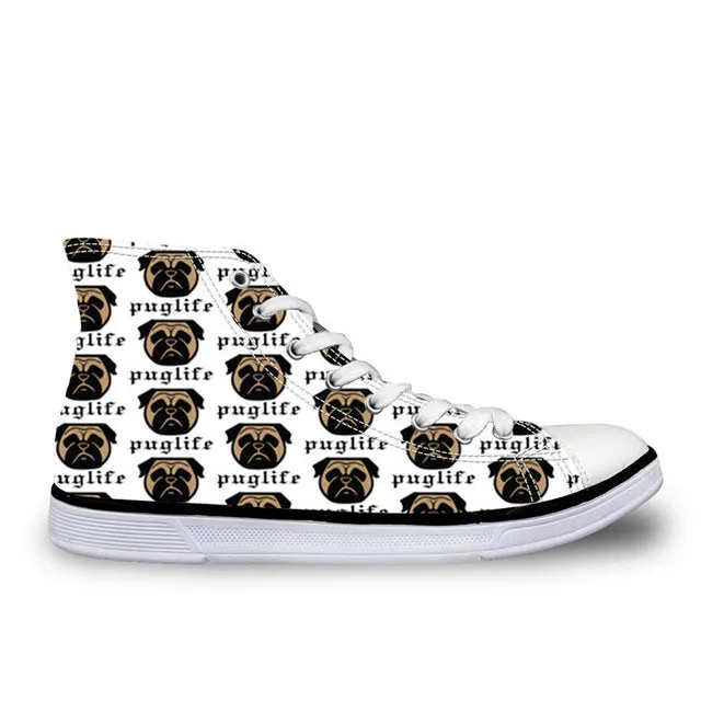 Pug Floral Print Women Vulcanized Sneakers Flat Ladies Lace-up
