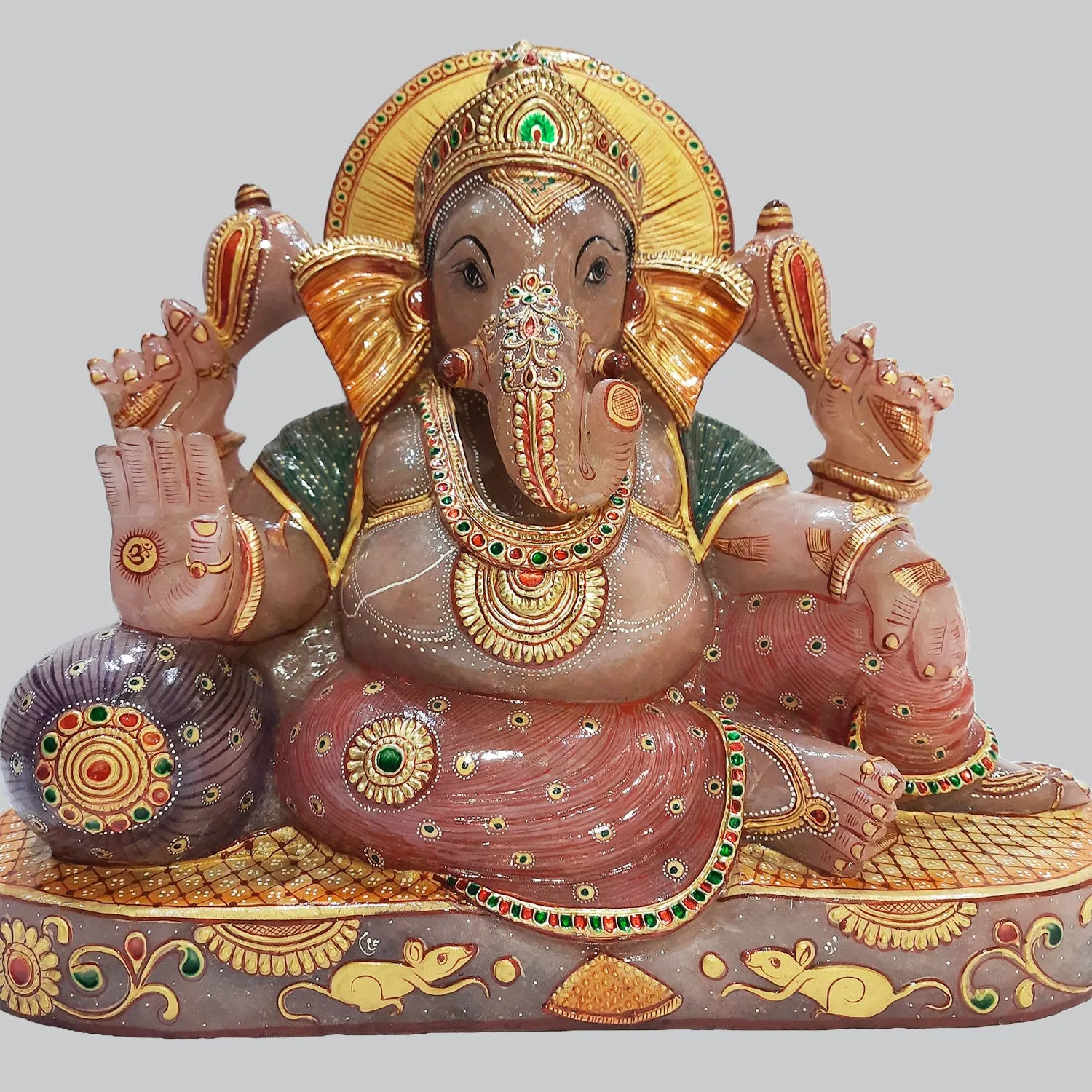 Rose Quartz Stone Ganesha Sitting with Pillow Hand Painted 12 in