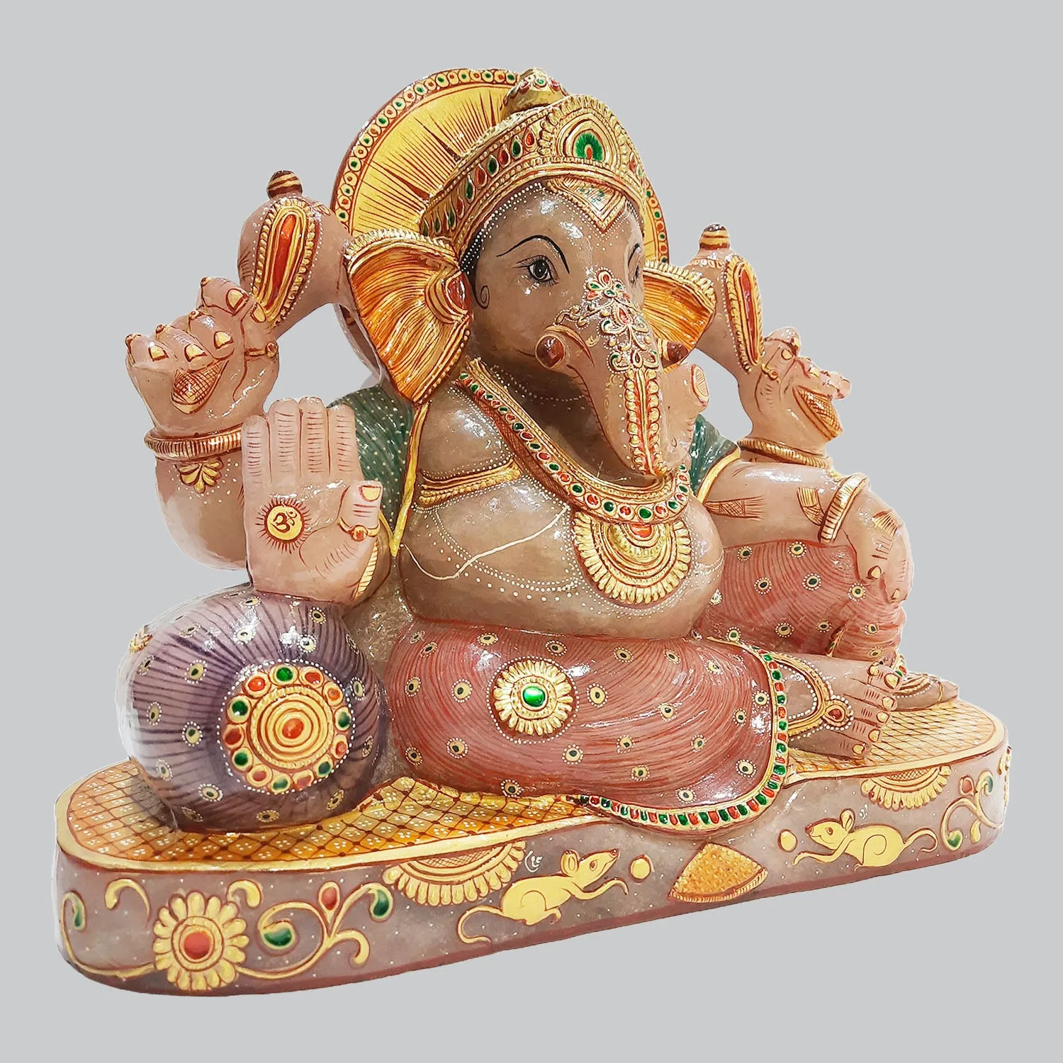 Rose Quartz Stone Ganesha Sitting with Pillow Hand Painted 12 in