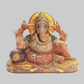 Rose Quartz Stone Ganesha Sitting with Pillow Hand Painted 12 in
