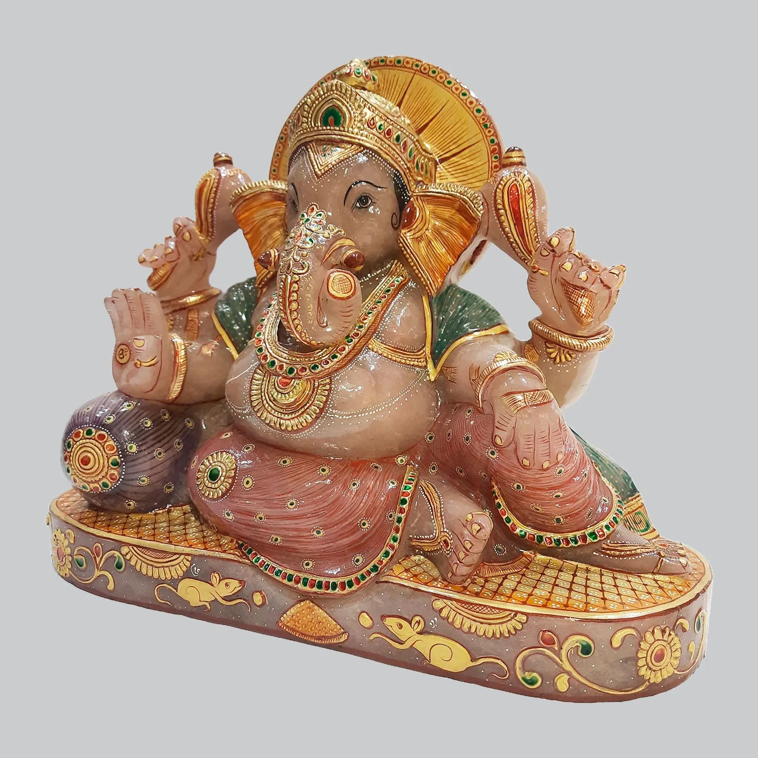 Rose Quartz Stone Ganesha Sitting with Pillow Hand Painted 12 in