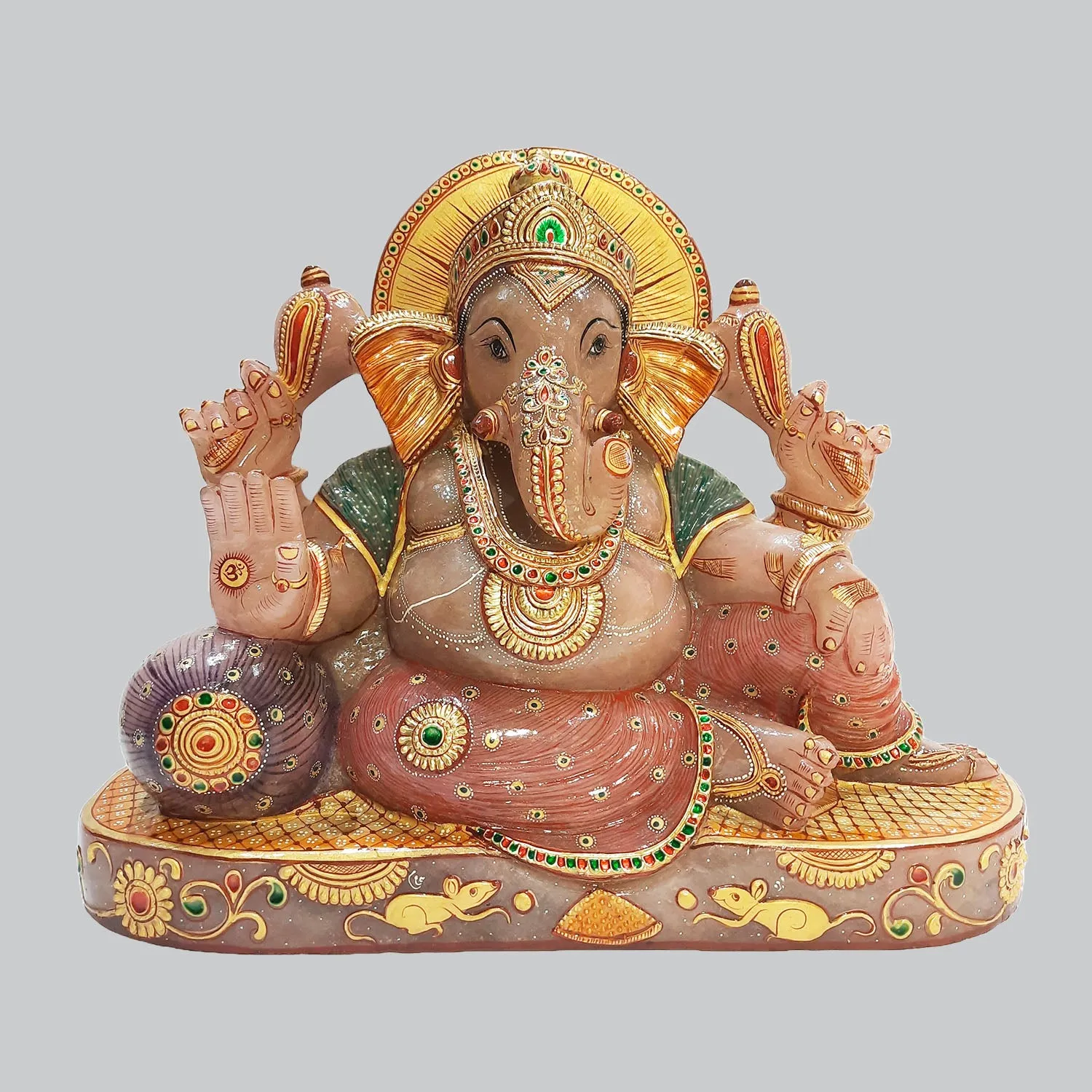 Rose Quartz Stone Ganesha Sitting with Pillow Hand Painted 12 in