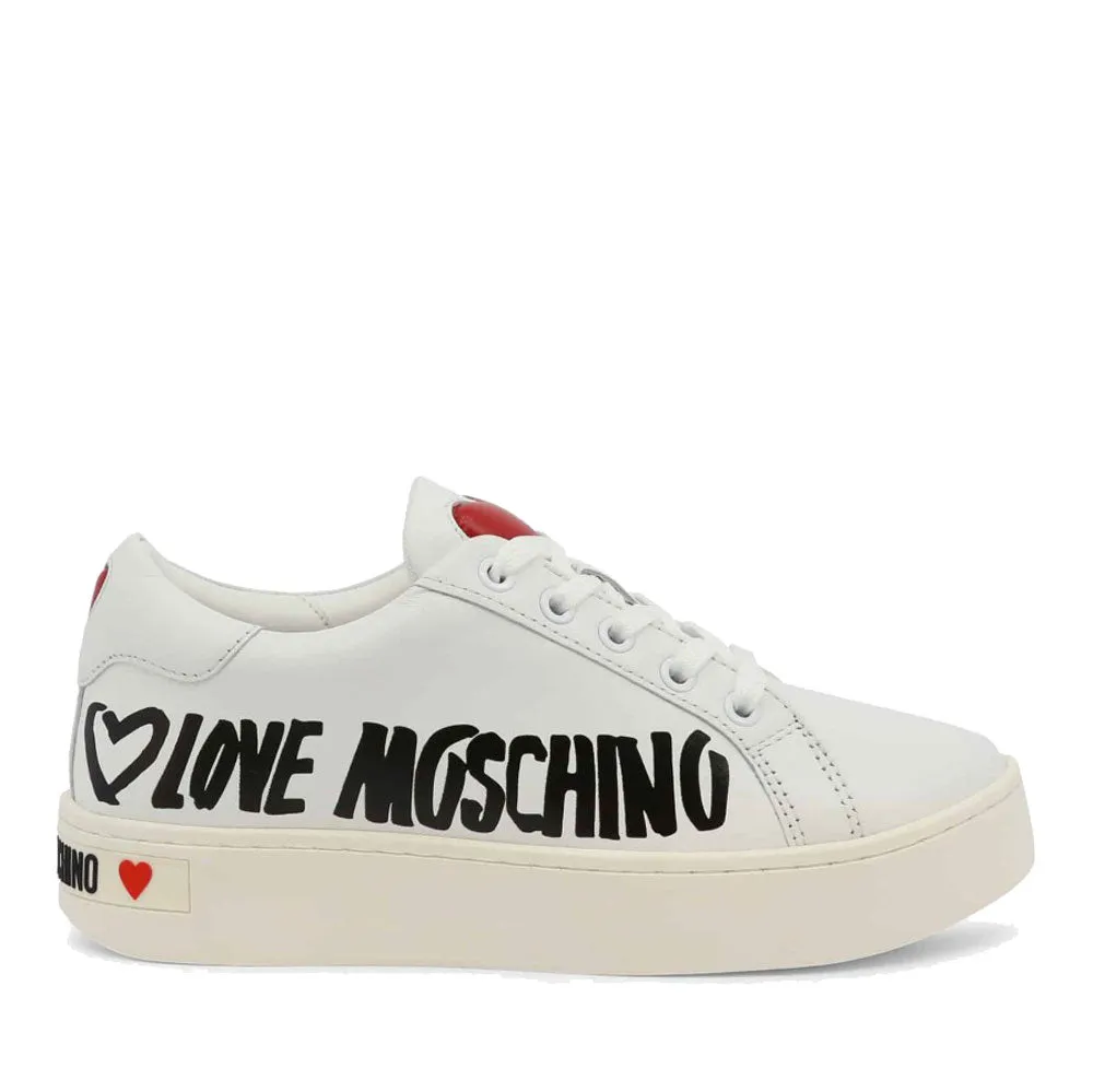 Scarpe Donna LOVE MOSCHINO Sneakers in Pelle Bianca con Logo Graffiti