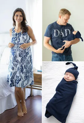Serra Labor Gown & Navy Swaddle Set & Dad T-Shirt